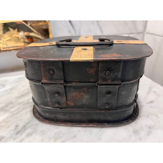 Antique Metal Box With Brass Accents For Sale - Image 4 of 14