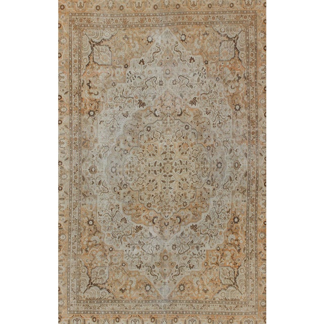 Antique Persian Tabriz Haji Jalili type rug with layered medallion in coral, gray, peach, taupe, cream. Keivan Woven Arts...