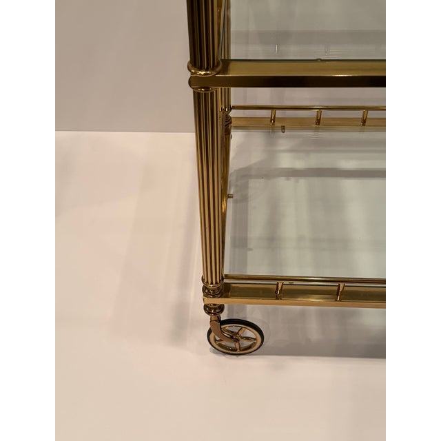 Regency Style 3 Tier Brass & Glass Mid Century Modern Bar Cart For Sale - Image 4 of 12