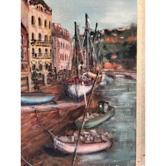 70's F. Rochelle Italian Village Corridor Harbor With Docked Boats Impressionist Oil Painting For Sale In Miami - Image 6 of 13