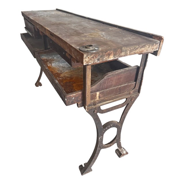 Antique Distressed Industrial Work Table or Console Leiman Brothers For Sale
