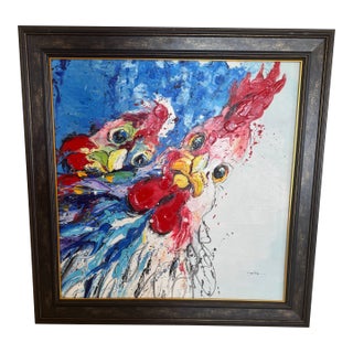 Original Oil Painting – Contemporary Unknown Malaysian Artist, Expressive Rooster Pair, Kuala Lumpur For Sale