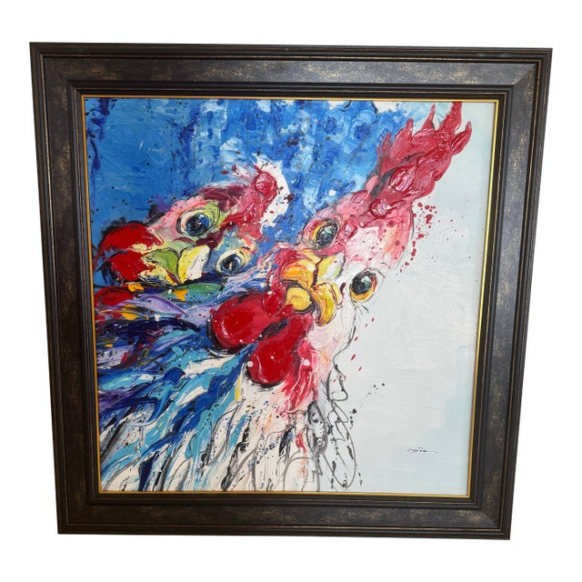 Original Oil Painting – Contemporary Unknown Malaysian Artist, Expressive Rooster Pair, Kuala Lumpur For Sale