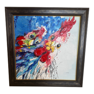 Original Oil Painting – Contemporary Unknown Malaysian Artist, Expressive Rooster Pair, Kuala Lumpur