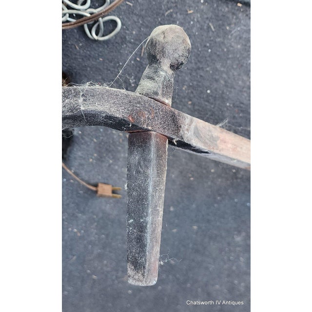 Pair Early Antique French Wrought Iron Basket Top Andirons / Firedogs With Crane Pot Bar 28" For Sale - Image 10 of 16