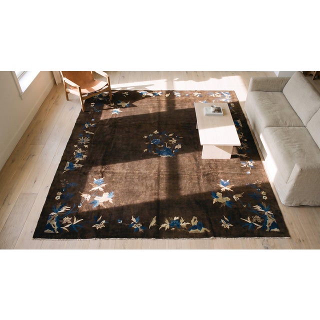 Late 19th Century 1890s Brown Floral Medallion Antique Chinese Peking Rug 8'2" X 9'5" Hand Knotted Wool Carpet For Sale - Image 5 of 7