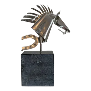 Mid 20th Century Horse Head With Horse Shoe Sculpture With Marble Base