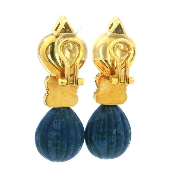 1980s Italian Carved Lapis Topaz Diamond 18k Gold Drop Earrings, Pair For Sale - Image 9 of 17
