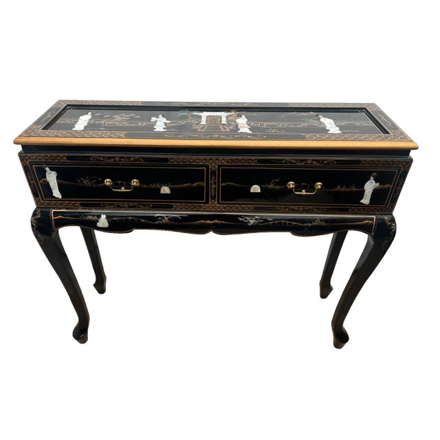Gorgeous Vintage Chinese Sofa Table Console Chinoiserie Mother of Pearl applique Asian style Hand painted. 36" Tall X 12"...