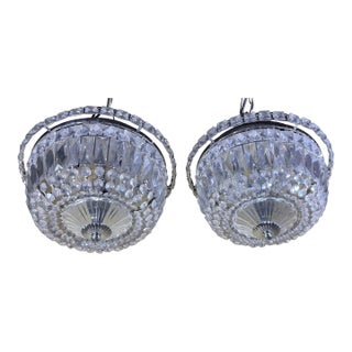 Pair of 1940's Hollywood Style Crystal Drop-Down Flush Mount Chandelier For Sale