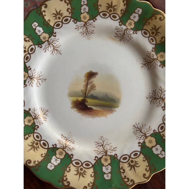 Antique Green & Gilt Porcelain Plates Scenic Victorian C 1900 Gold Scalloped - Set of 10 For Sale - Image 4 of 12