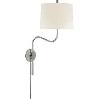 Thomas O'Brien for Visual Comfort Signature Canto Medium Swinging Wall Light in Polished Nickel with Linen Shade For Sale