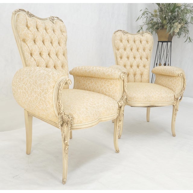 Pair Rococò Louis XVI Style Tufted Pierce Carved Backs Off White Fireside Chairs For Sale - Image 12 of 12