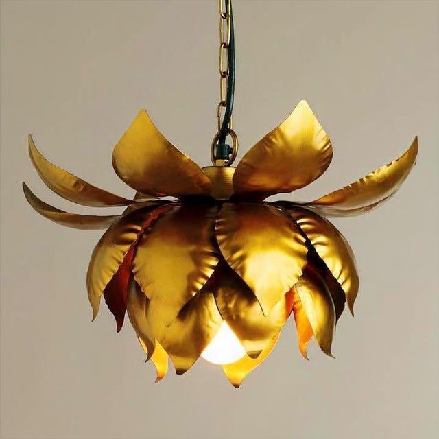 Metal Vintage 1970's Italian Gilt Metal Lotus Flower Pendant/ Chandelier/ Ceiling Fixtures a - Pair For Sale - Image 7 of 8