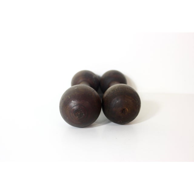 Vintage Wood Hand Weights or Dumbbells Set of Two Sports Equipment Memorabilia Dumb Bells For Sale - Image 11 of 12