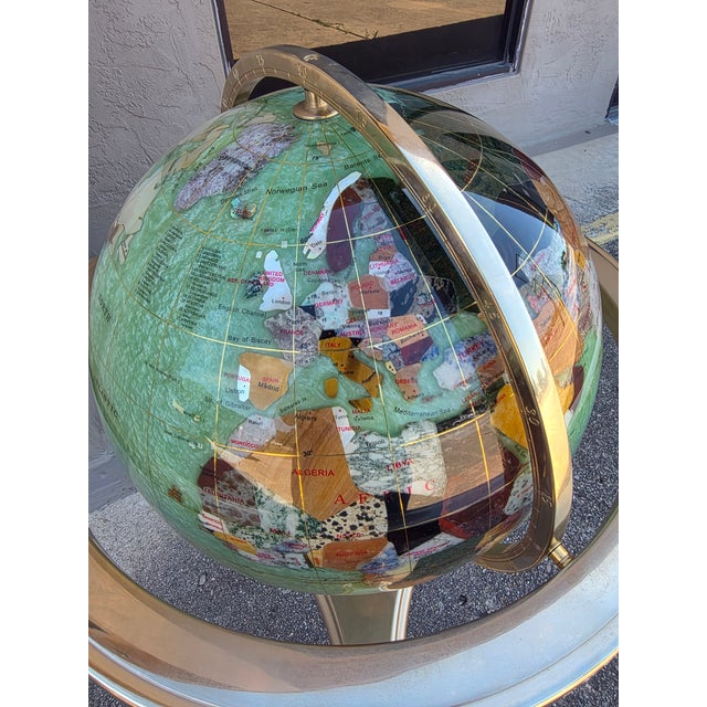 Gemstone Globe on Brass Stand With Compas in Base. For Sale In San Antonio - Image 6 of 14