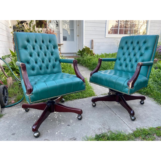 For restoration Paoli chair company office swivel desk chairs in teal color faux tufted leather with tilt and adjustable...