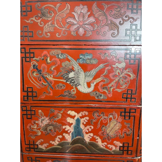 Printmaking Materials A Large Antique Chinese Red Lacquered Four-Tier Stacking Wedding Basket/Box. For Sale - Image 7 of 12