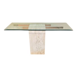 Travertine Pedestal Base Glass Top Console Sofa Hall Table For Sale