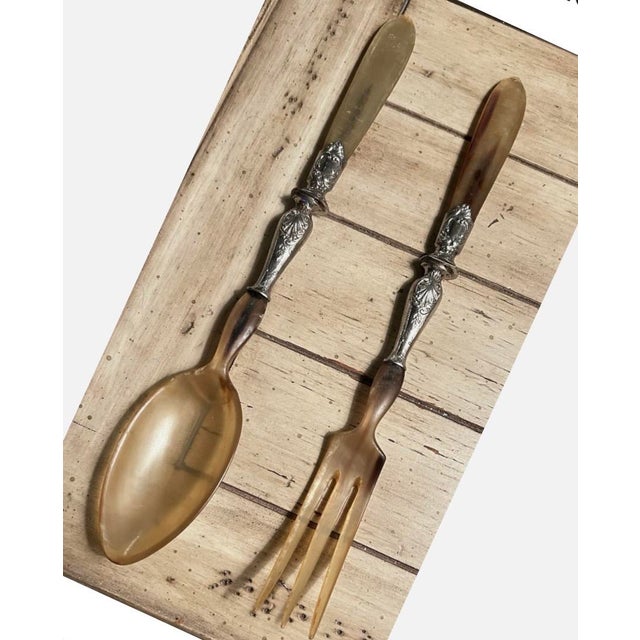 Bone 1910s French Art Deco Horn & Silver Salad Servers - Pair For Sale - Image 7 of 12