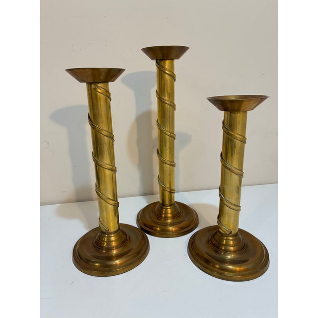 Vintage Graduated Solid Brass Spiral Candlesticks, Set of Three, 12”, 14” & 16 For Sale - Image 9 of 9