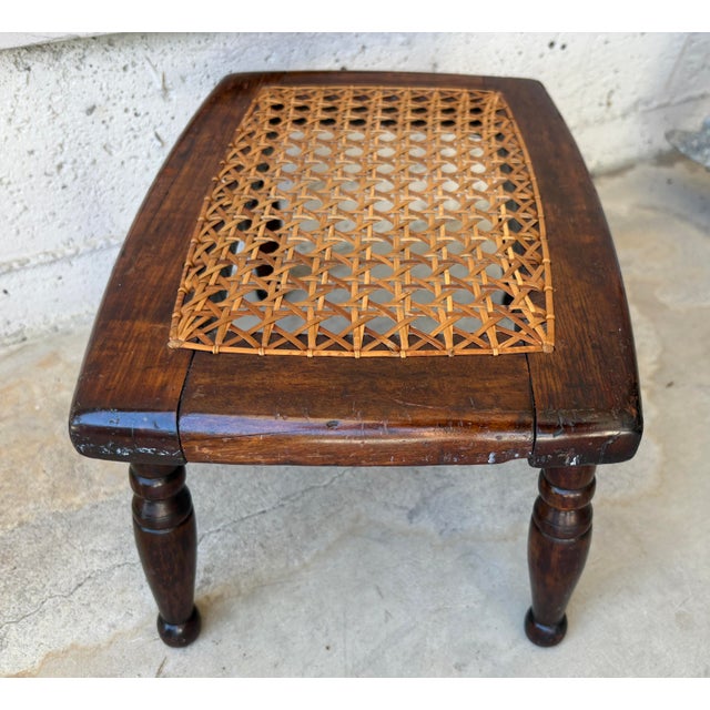 Rustic 19th Walnut Footstool W/ Cane Seat For Sale - Image 3 of 5