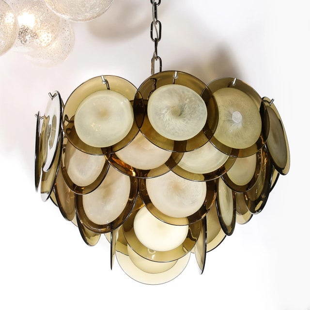 Modern Modernist Four Tier Smoked Topaz Disc Murano Glass Chandelier W/ Chrome Fittings For Sale - Image 3 of 12