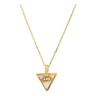 Pearl & Gold Triangle Pendant Evil Eye Talisman Necklace For Sale