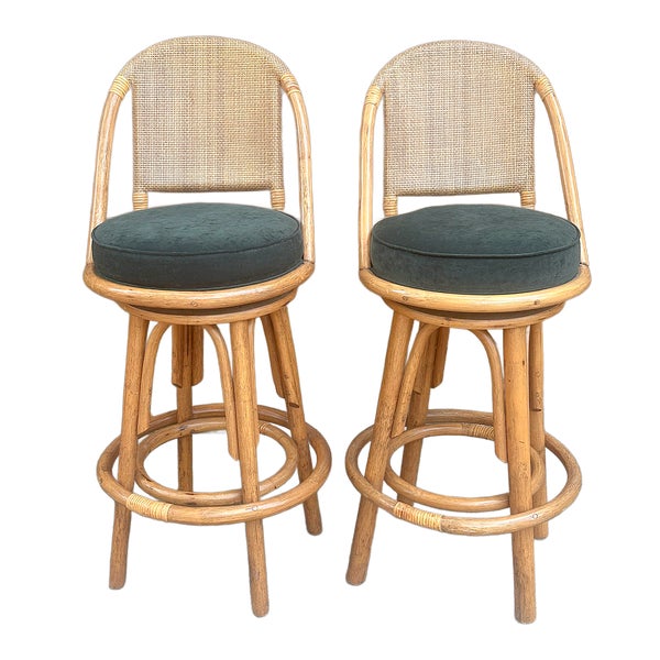 1970's Ficks Reed Style Honey Rattan Swivel Bar Stools - A Pair