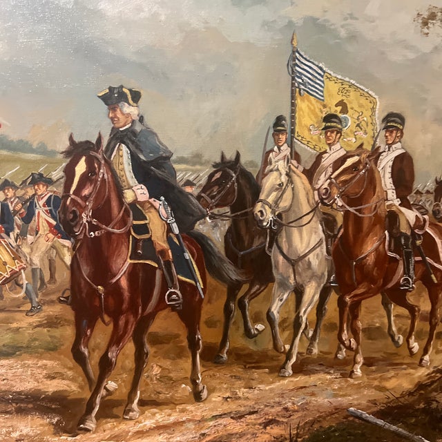 Copper H.Rienmann American School Oil on Canvas Framed Signed Depicting George Washington Leading Pennsylvania State Regiment of Light Horse of 1778 For Sale - Image 8 of 12