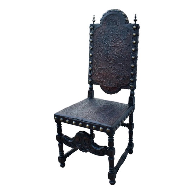 Antique Tudor Carved Walnut & Tooled Leather High Back W/Brass Studs & Finials For Sale
