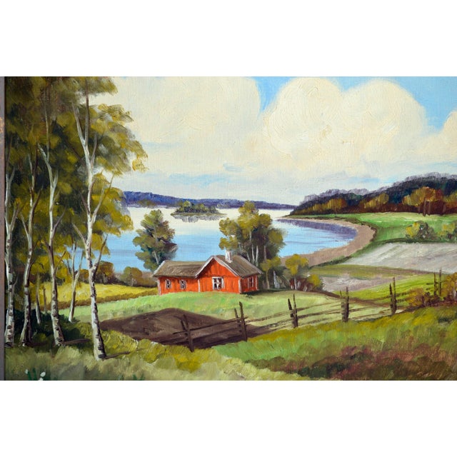 1950s Mid Century River & Farm Landscape in Oil on Canvas Stretched Over Board by J. Anderson For Sale - Image 5 of 7