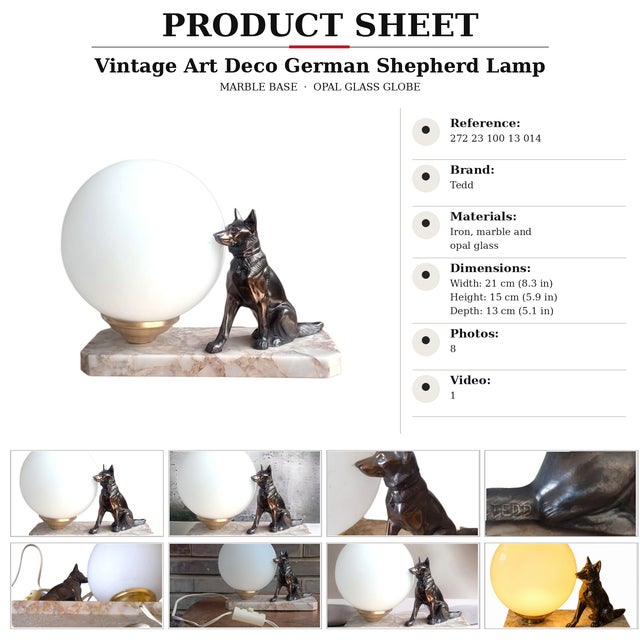 Vintage German Shepherd Table Lamp with Opaline Glass Globe from Tedd, 1930s For Sale - Image 9 of 10