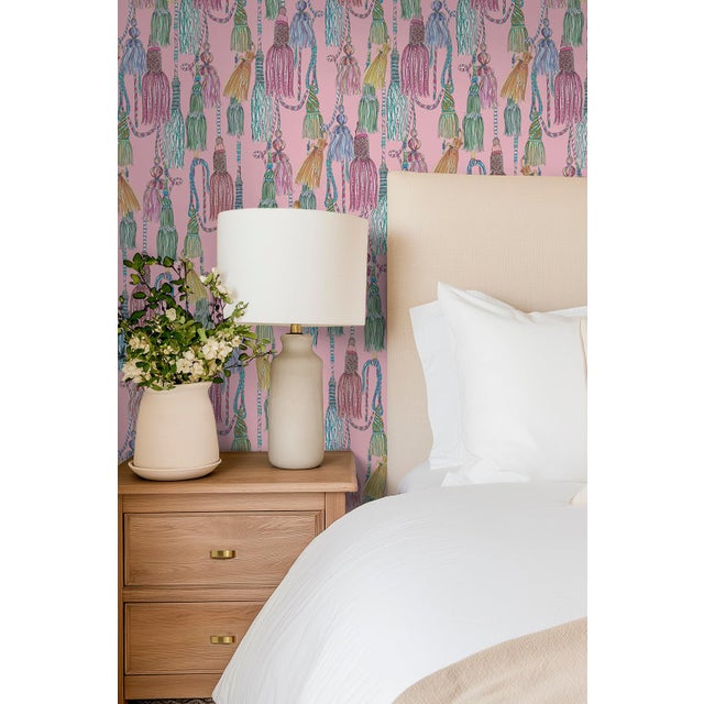 Not Yet Made - Made To Order Tassel Trellis Grasscloth Wallpaper by House Party | Patina Pink | 6 Yards For Sale - Image 5 of 9