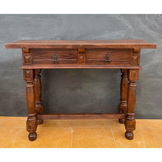 Spanish Renaissance Console Table with Two Drawers and Turned Legs, 1920s For Sale - Image 4 of 14