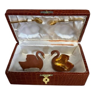 Vintage R. Montigny & Cie Limoges Porcelain Swan Salt Cellars in Box | Gold Gilt Snailware From the Loire Region For Sale