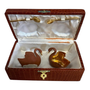 Vintage R. Montigny & Cie Limoges Porcelain Swan Salt Cellars in Box | Gold Gilt Snailware From the Loire Region