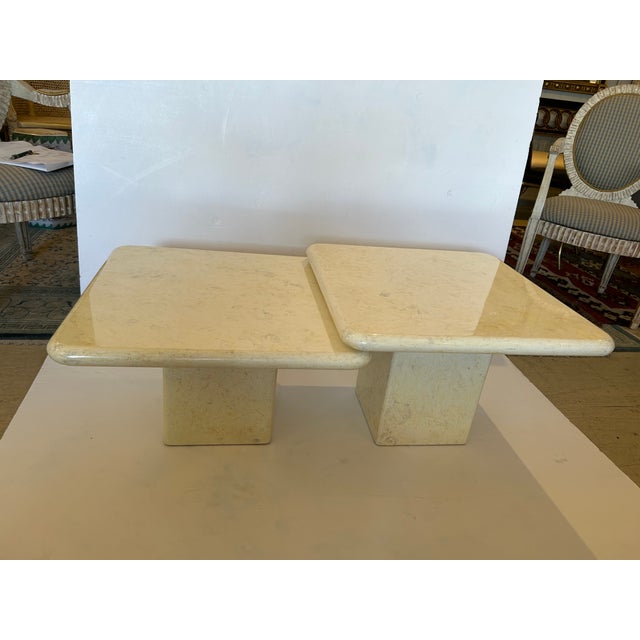 Square Lacquered Wood Faux Marble Overlapping Cocktail Tables- A Pair For Sale - Image 4 of 12