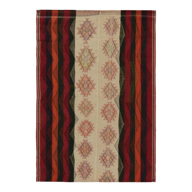 Vintage Qashqai Persian Kilim in Beige With Multicolor Motifs and Red Stripes For Sale