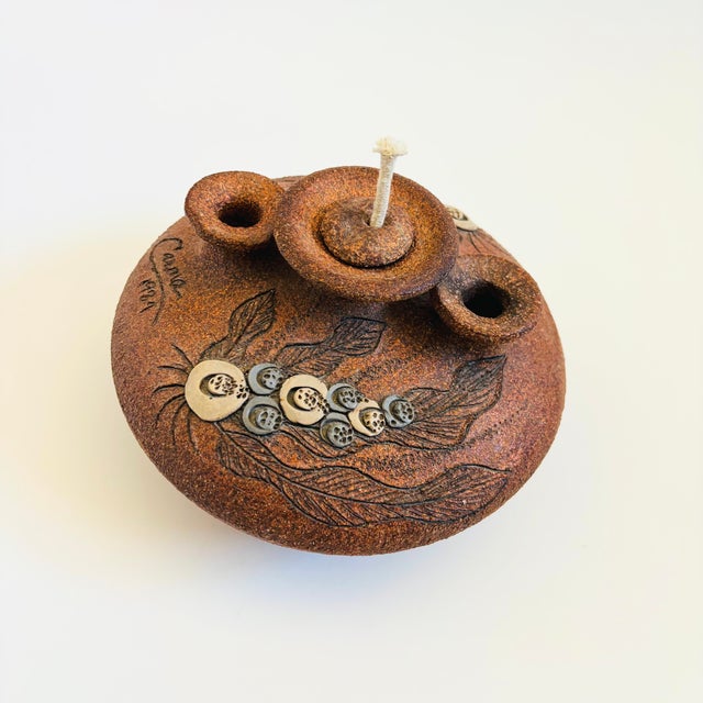 Contemporary Triple Neck Studio Pottery Oil Lamp Vase by Carma, 1984 For Sale - Image 3 of 12
