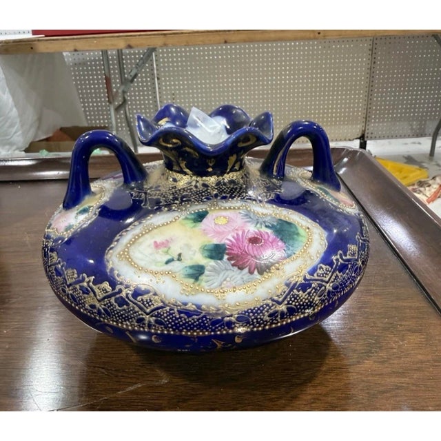 Hand Painted Nippon Vase Cobalt Blue Gold Gilt Floral 2 Handled Roses Vtg Excellent condition no damages Signed on bottom...