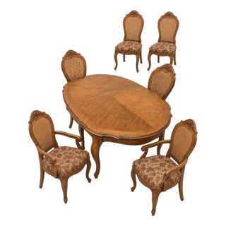 Vintage Drexel Cabernet Classics Pecan Dining Table and Six Cane-Back Chairs For Sale