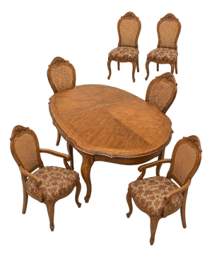 Vintage Drexel Cabernet Classics Pecan Dining Table and Six Cane-Back Chairs