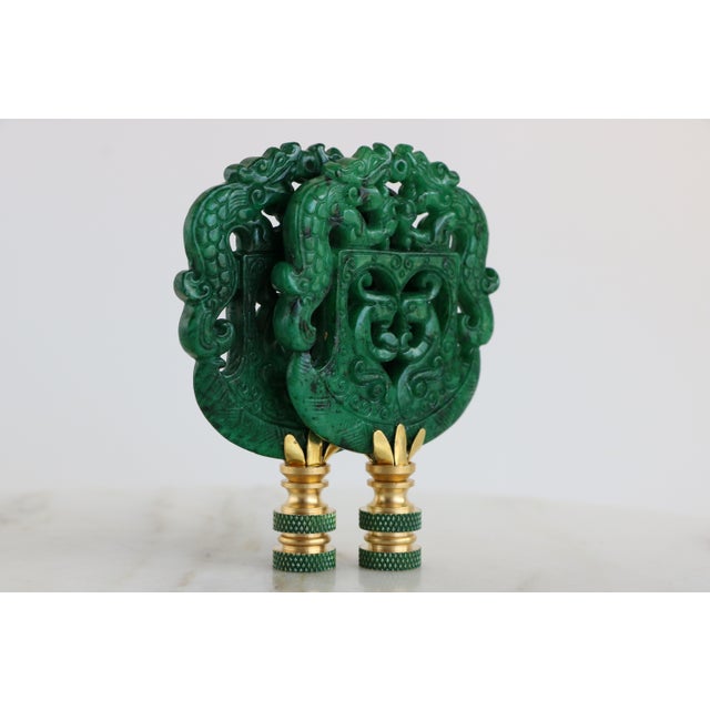 Chinese Archaic Style Carved Stone Lamp Finials on Brass Hardware - A Matching Pair For Sale - Image 9 of 9