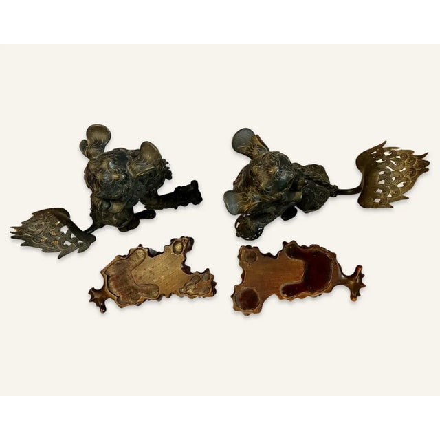 Bronze Pair of 17th Century Late Ming Bronze Foo Dogs With Stands For Sale - Image 8 of 13