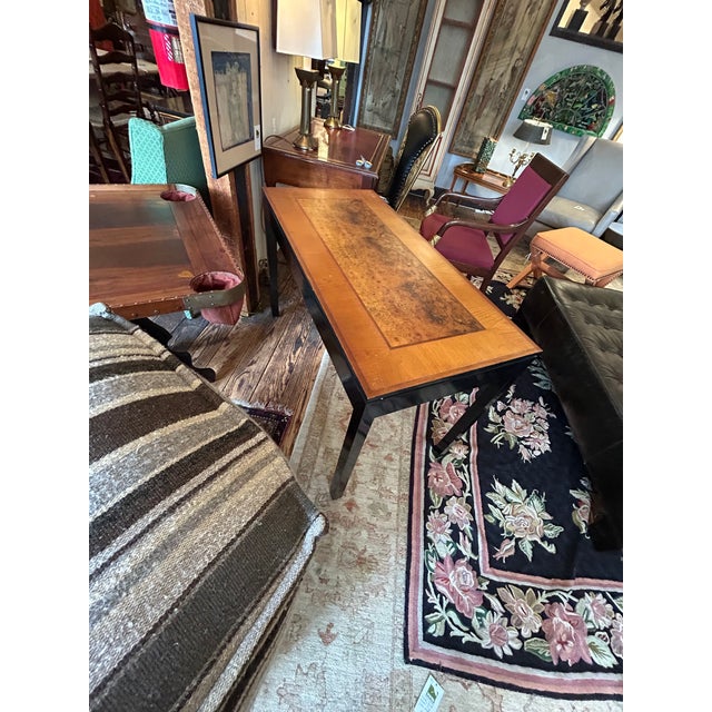 Mid-Century Modern Handsome Vintage Burl and Inlaid Desk With Ebonized Base For Sale - Image 3 of 11