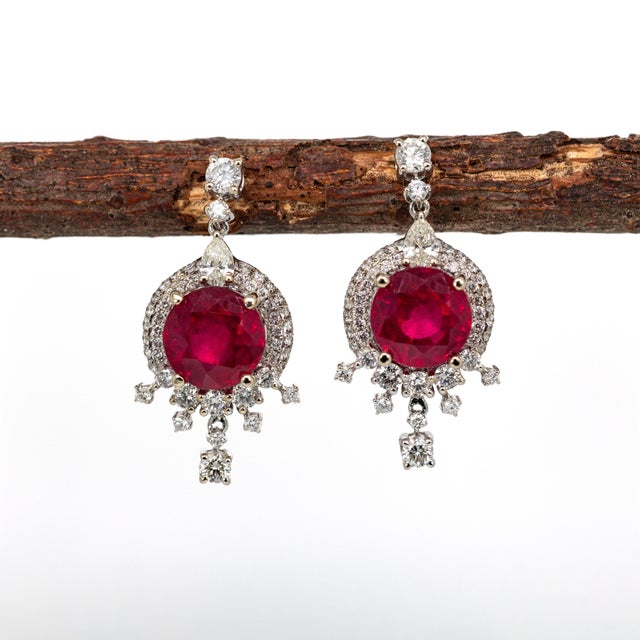 8mm, 5.6cts Madagascar Ruby & Natural Diamonds Dangle Earrings in Solid 14k Gold- 2 pieces For Sale - Image 4 of 5