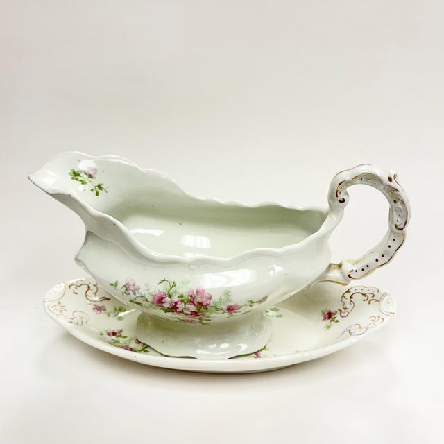 Ceramic Antique John Maddocks Ironstone Gravy Boat – Pink Floral Gold Trim For Sale - Image 7 of 10