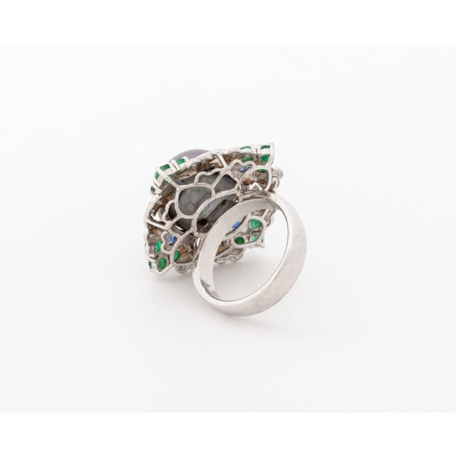 White Art Deco Style 18k White Gold, Pearl, Multicolor Gemstone, and Diamond Ring For Sale - Image 8 of 9