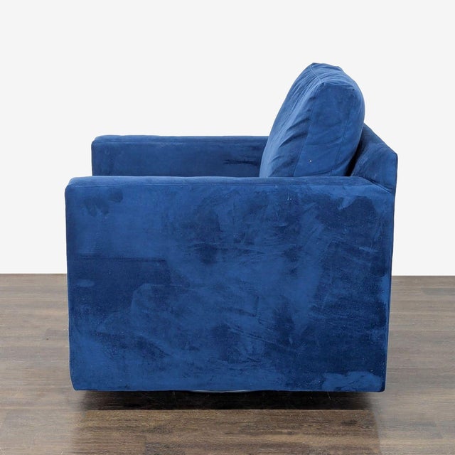 Modern Crate & Barrel Blue Velvet Lounge Swivel Chair For Sale - Image 3 of 7